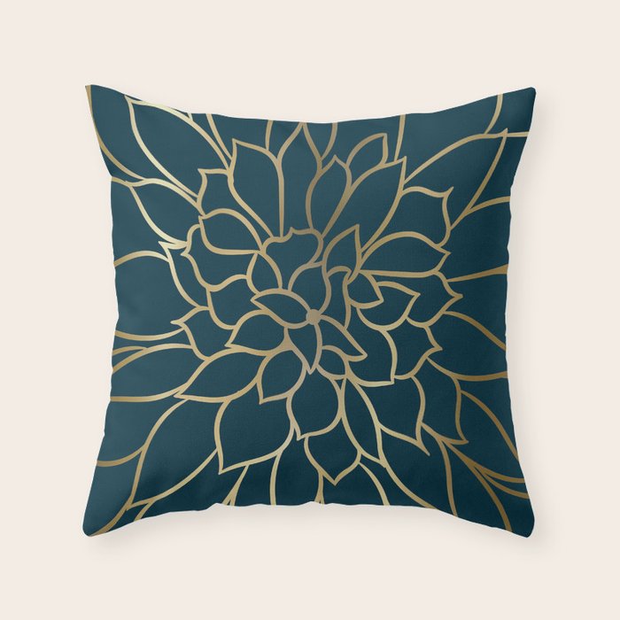 Festive, Floral Prints, Line Art, Dark Teal and Gold Throw Pillow Gallery Image 1