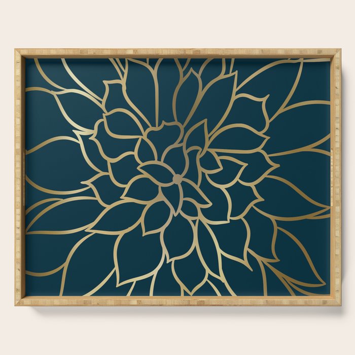 Festive, Floral Prints, Line Art, Dark Teal and Gold Serving Tray Gallery Image 1