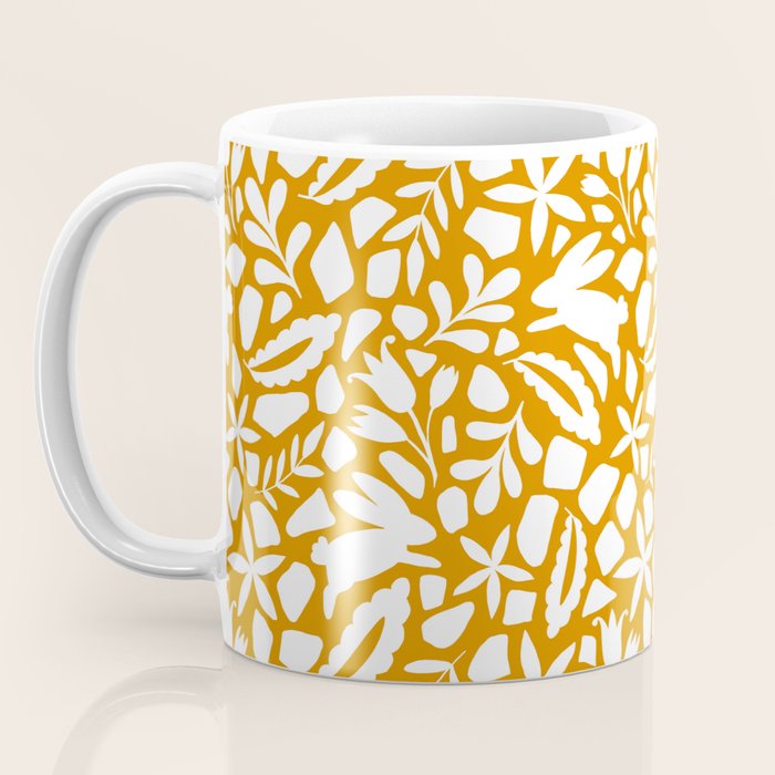 Folk Art Bunnies - Ochre and white Coffee Mug Gallery Image 3