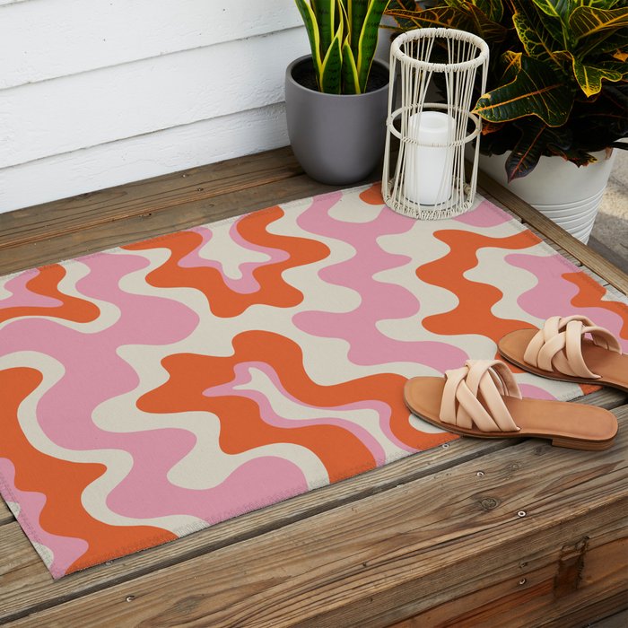 Pink and orange retro style liquid swirls Outdoor Rug Gallery Image 2