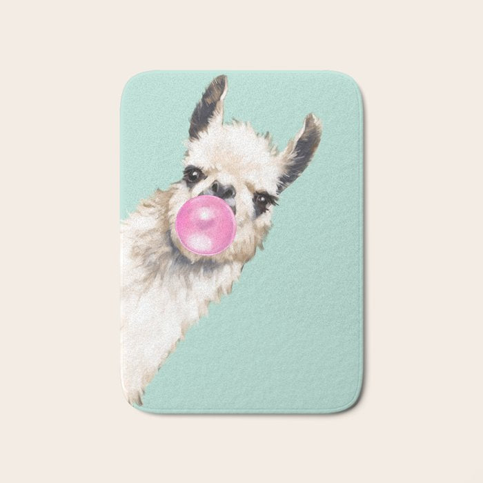 Bubblegum Sneaky Llama in Green Bath Mat Gallery Image 1