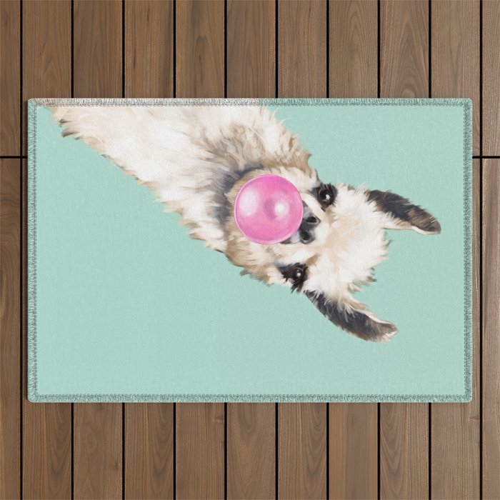 Bubblegum Sneaky Llama in Green Outdoor Rug