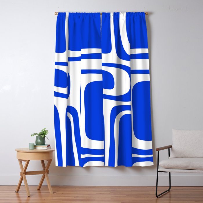 Palm Springs Mid-Century Modern Abstract Minimalist Pattern Royal Blue and White Window Curtain Gallery Image 1