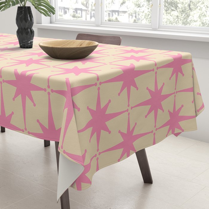  Midcentury Modern Atomic Age Starburst Star Pattern Pink and Cream Tablecloth Gallery Image 3