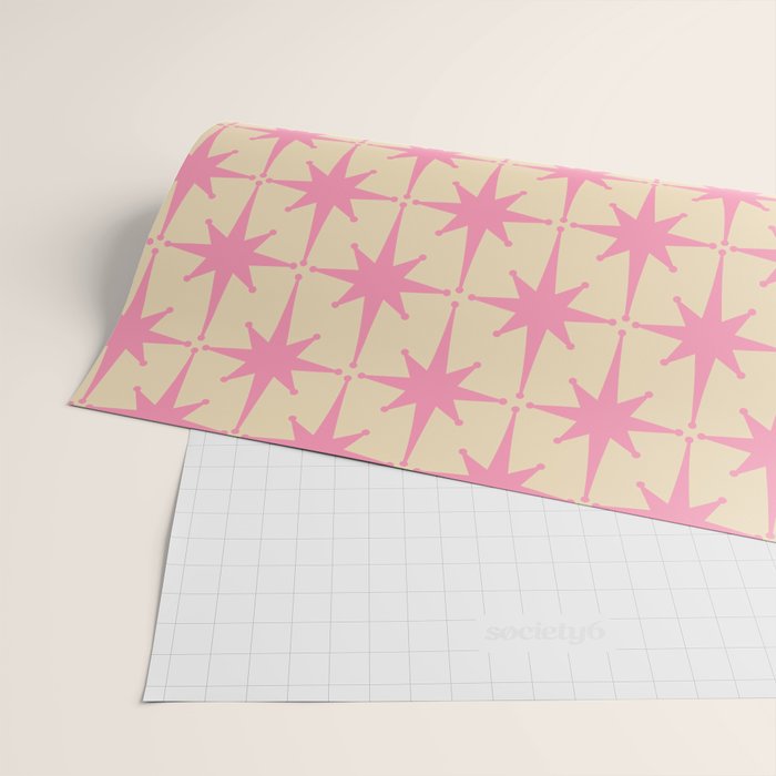  Midcentury Modern Atomic Age Starburst Star Pattern Pink and Cream Wrapping Paper Gallery Image 2