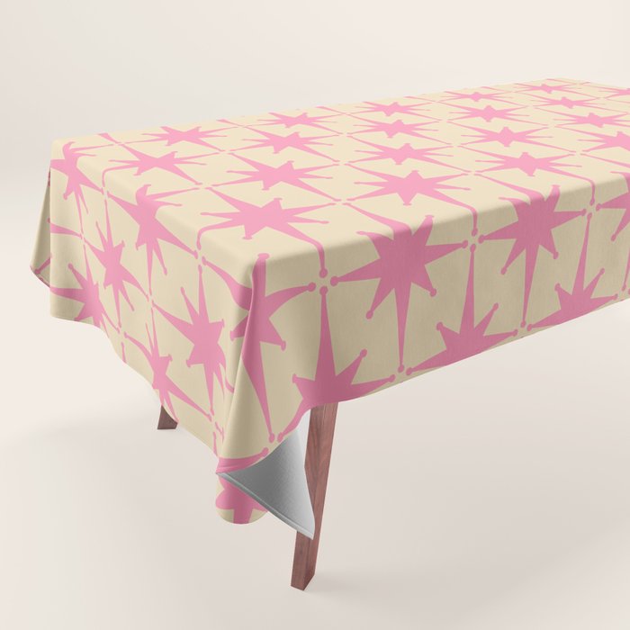  Midcentury Modern Atomic Age Starburst Star Pattern Pink and Cream Tablecloth Gallery Image 1