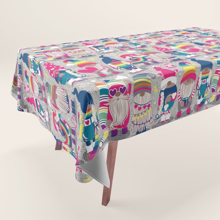 I gnome you // grey background little happy and lovely gnomes with rainbows fuchsia pink hearts Tablecloth Gallery Image 1