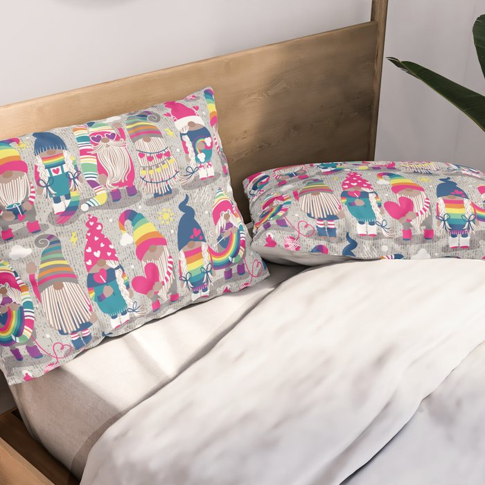 I gnome you // grey background little happy and lovely gnomes with rainbows fuchsia pink hearts Pillow Sham Gallery Image 2