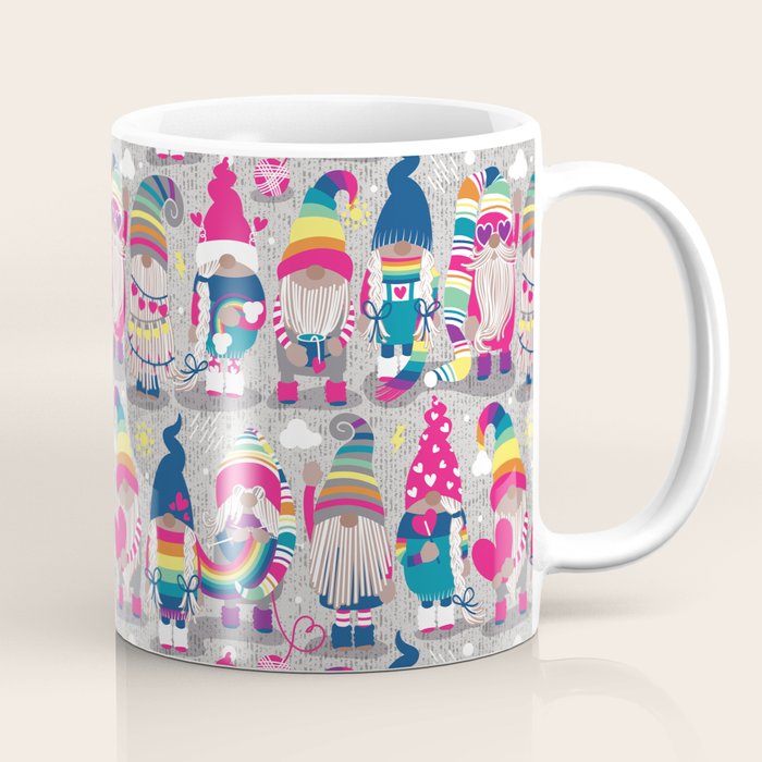 I gnome you // grey background little happy and lovely gnomes with rainbows fuchsia pink hearts Coffee Mug Gallery Image 1