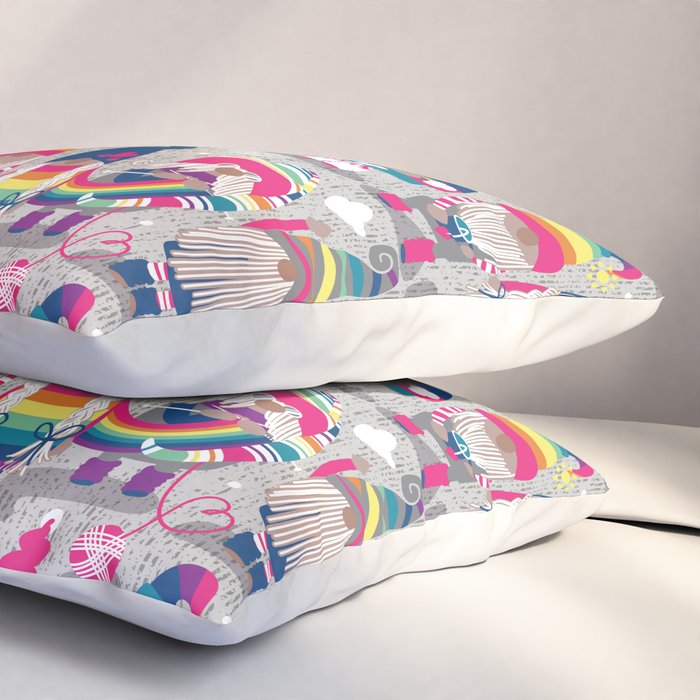 I gnome you // grey background little happy and lovely gnomes with rainbows fuchsia pink hearts Pillow Sham Gallery Image 3