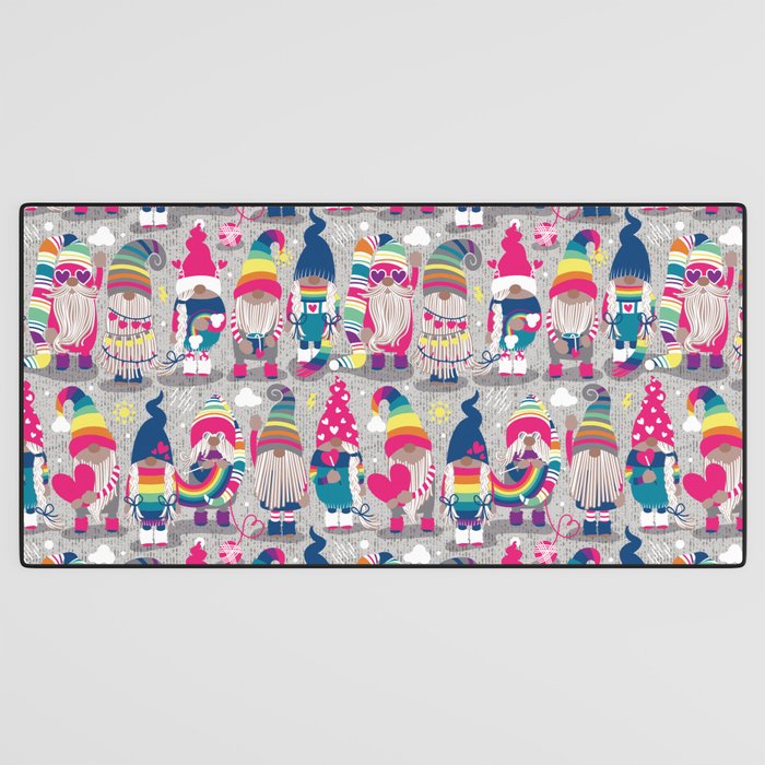 I gnome you // grey background little happy and lovely gnomes with rainbows fuchsia pink hearts Desk Mat Gallery Image 3