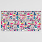 I gnome you // grey background little happy and lovely gnomes with rainbows fuchsia pink hearts Desk Mat Gallery Image 3
