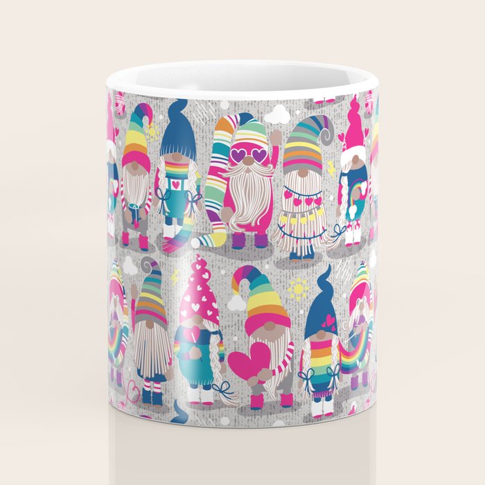 I gnome you // grey background little happy and lovely gnomes with rainbows fuchsia pink hearts Coffee Mug Gallery Image 4