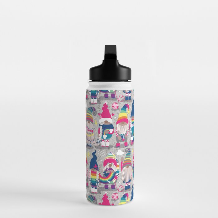 I gnome you // grey background little happy and lovely gnomes with rainbows fuchsia pink hearts Water Bottle Gallery Image 3