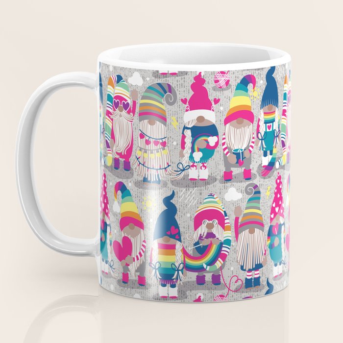 I gnome you // grey background little happy and lovely gnomes with rainbows fuchsia pink hearts Coffee Mug Gallery Image 3