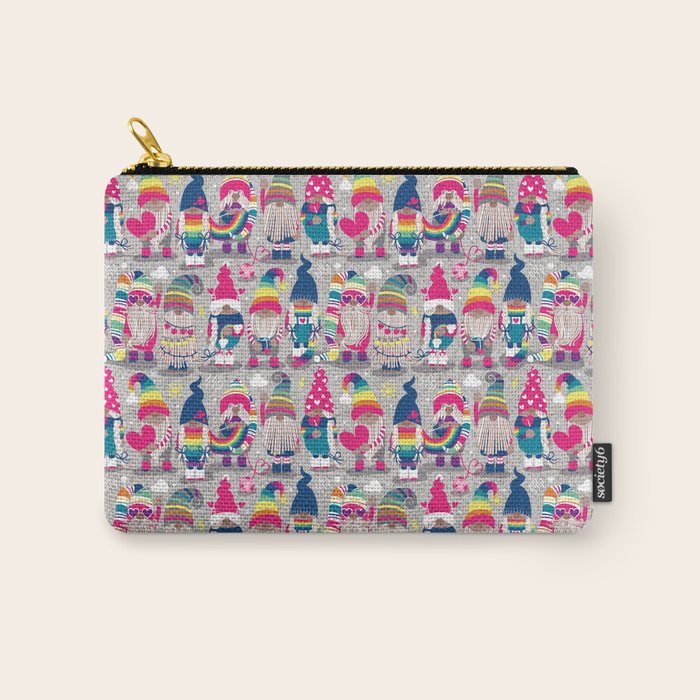 I gnome you // grey background little happy and lovely gnomes with rainbows fuchsia pink hearts Carry All Pouch Gallery Image 1