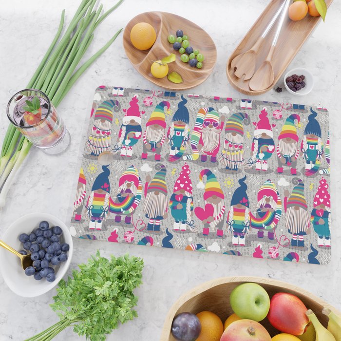 I gnome you // grey background little happy and lovely gnomes with rainbows fuchsia pink hearts Cutting Board Gallery Image 2