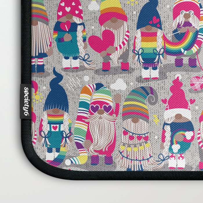 I gnome you // grey background little happy and lovely gnomes with rainbows fuchsia pink hearts Laptop Sleeve Gallery Image 3