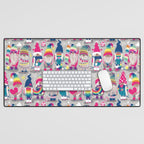 I gnome you // grey background little happy and lovely gnomes with rainbows fuchsia pink hearts Desk Mat Gallery Image 1