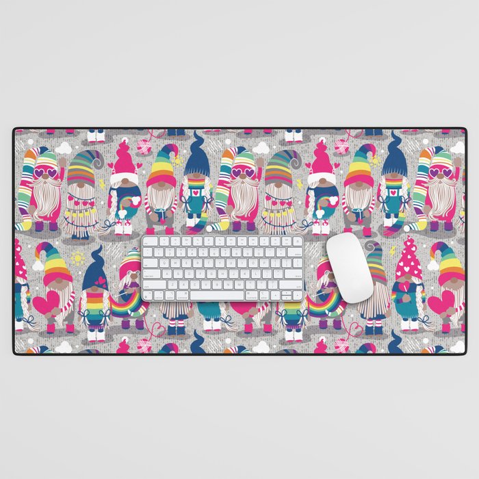 I gnome you // grey background little happy and lovely gnomes with rainbows fuchsia pink hearts Desk Mat Gallery Image 1