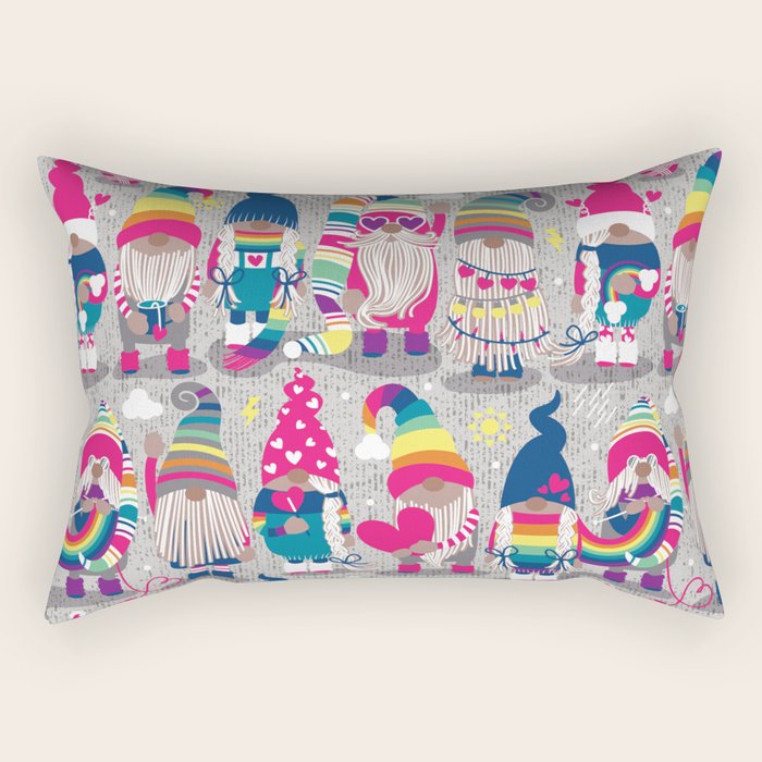 I gnome you // grey background little happy and lovely gnomes with rainbows fuchsia pink hearts Rectangular Pillow Gallery Image 2