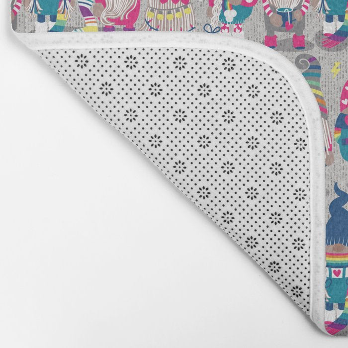 I gnome you // grey background little happy and lovely gnomes with rainbows fuchsia pink hearts Bath Mat Gallery Image 2