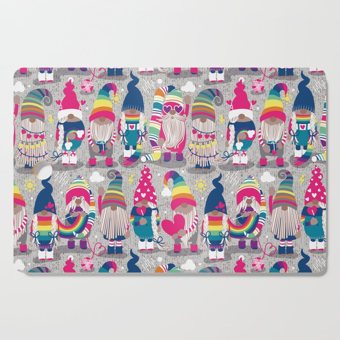 I gnome you // grey background little happy and lovely gnomes with rainbows fuchsia pink hearts Cutting Board Gallery Image 1