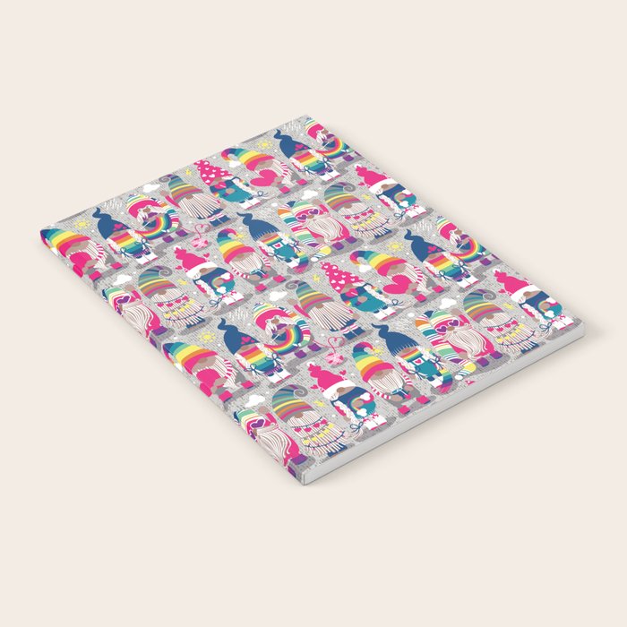 I gnome you // grey background little happy and lovely gnomes with rainbows fuchsia pink hearts Notebook Gallery Image 2
