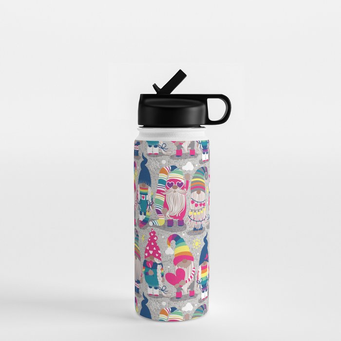 I gnome you // grey background little happy and lovely gnomes with rainbows fuchsia pink hearts Water Bottle Gallery Image 1