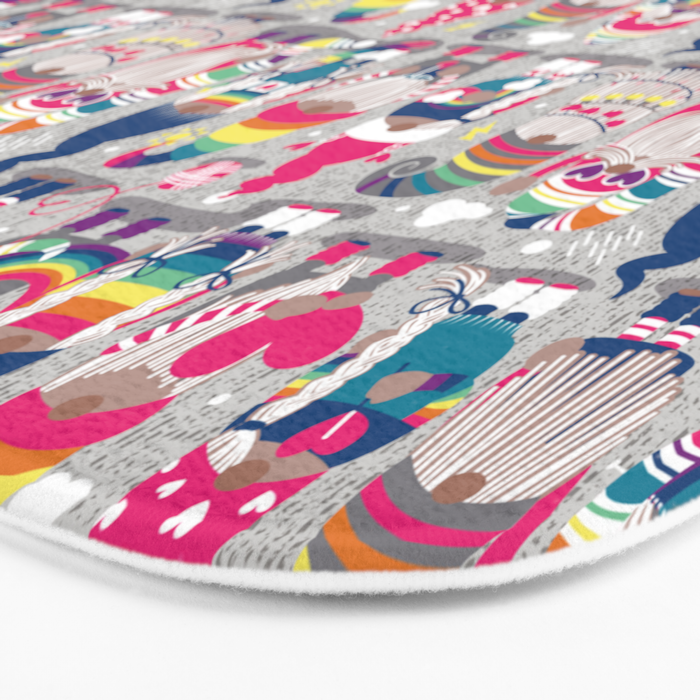 I gnome you // grey background little happy and lovely gnomes with rainbows fuchsia pink hearts Bath Mat Gallery Image 3