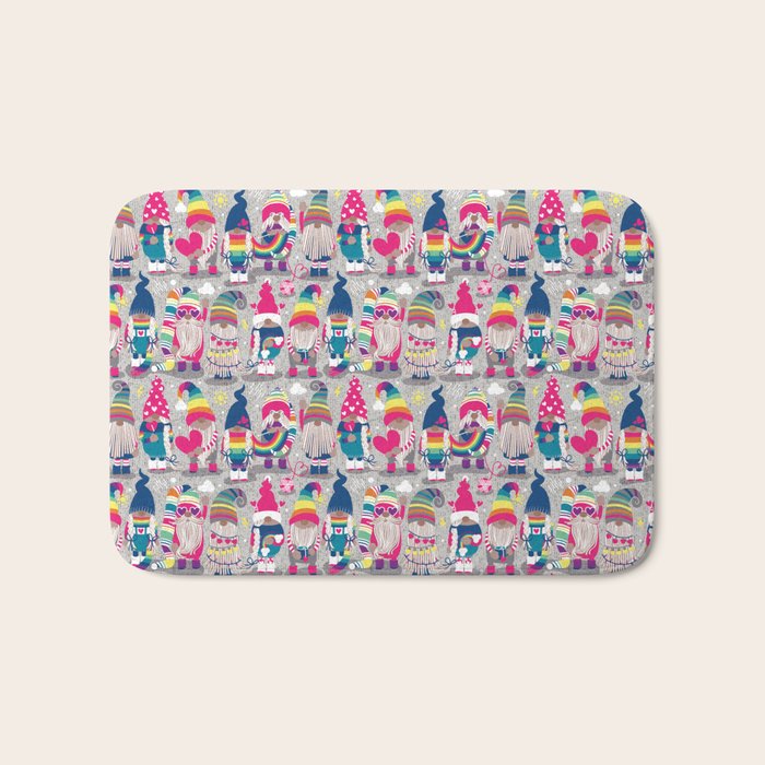 I gnome you // grey background little happy and lovely gnomes with rainbows fuchsia pink hearts Bath Mat Gallery Image 1