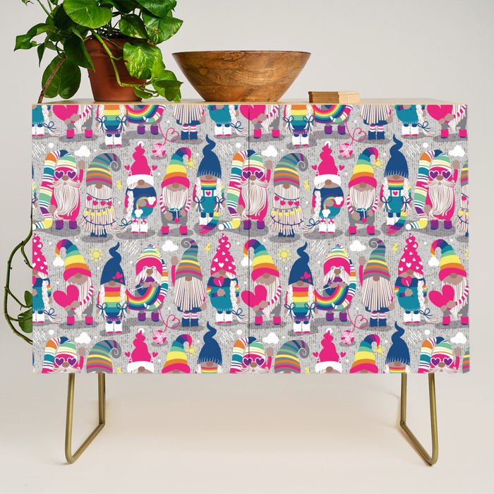 I gnome you // grey background little happy and lovely gnomes with rainbows fuchsia pink hearts Credenza Gallery Image 1