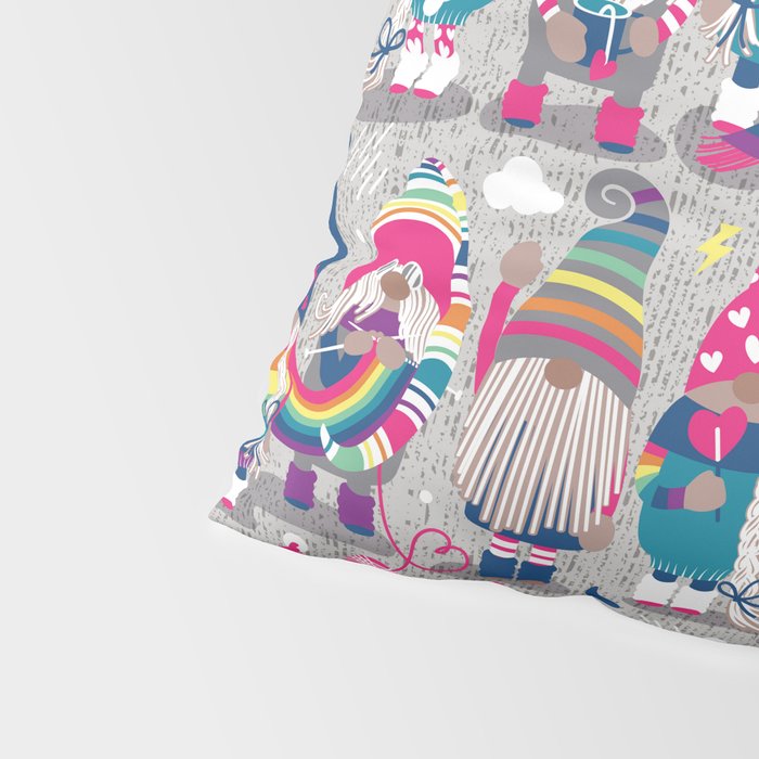 I gnome you // grey background little happy and lovely gnomes with rainbows fuchsia pink hearts Pillow Sham Gallery Image 4