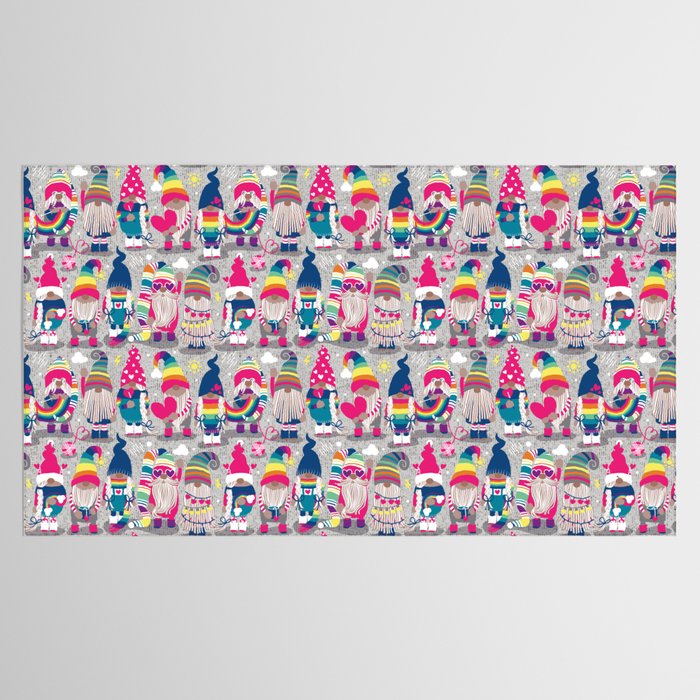 I gnome you // grey background little happy and lovely gnomes with rainbows fuchsia pink hearts Tablecloth Gallery Image 2