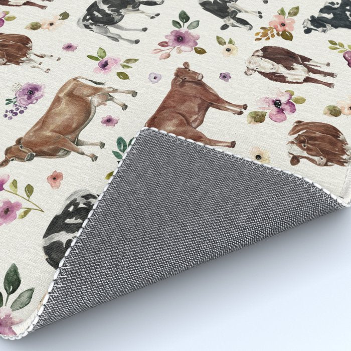 Boho Floral Cow Print with Purple flowers on Cream Rug Gallery Image 4