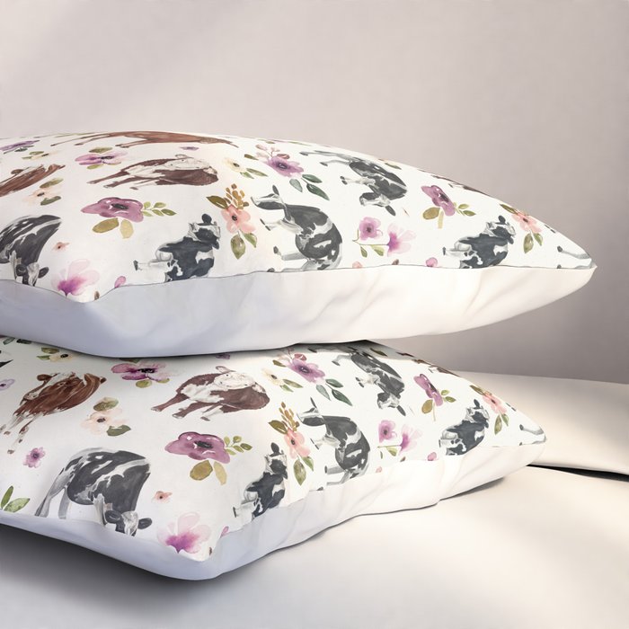 Boho Floral Cow Print with Purple flowers on Cream Pillow Sham Gallery Image 3