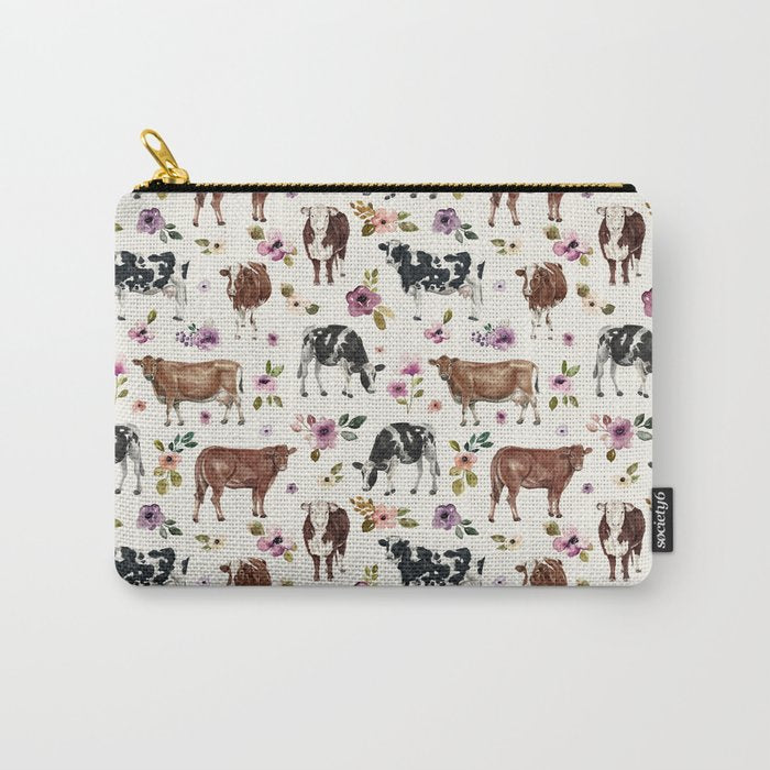 Boho Floral Cow Print with Purple flowers on Cream Carry All Pouch Gallery Image 1