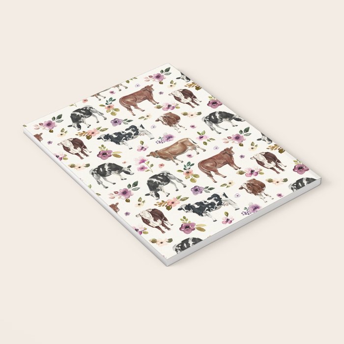 Boho Floral Cow Print with Purple flowers on Cream Notebook Gallery Image 3