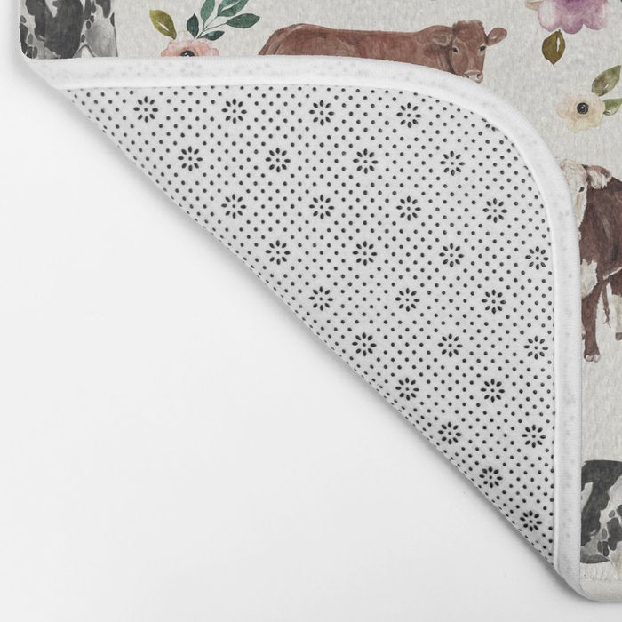 Boho Floral Cow Print with Purple flowers on Cream Bath Mat Gallery Image 2