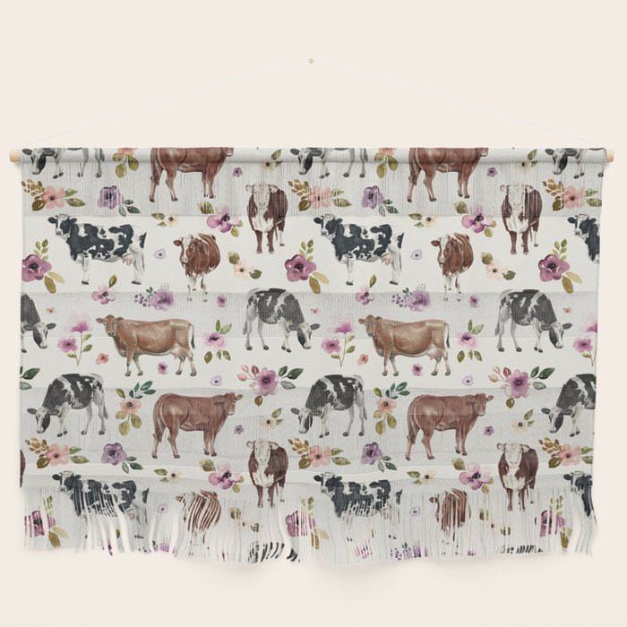 Boho Floral Cow Print with Purple flowers on Cream Wall Hanging Gallery Image 1