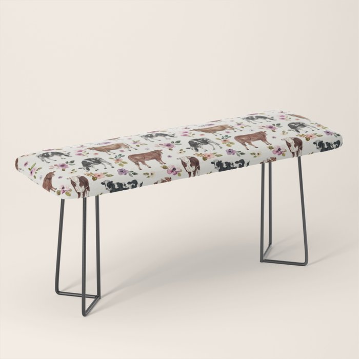 Boho Floral Cow Print with Purple flowers on Cream Bench Gallery Image 1