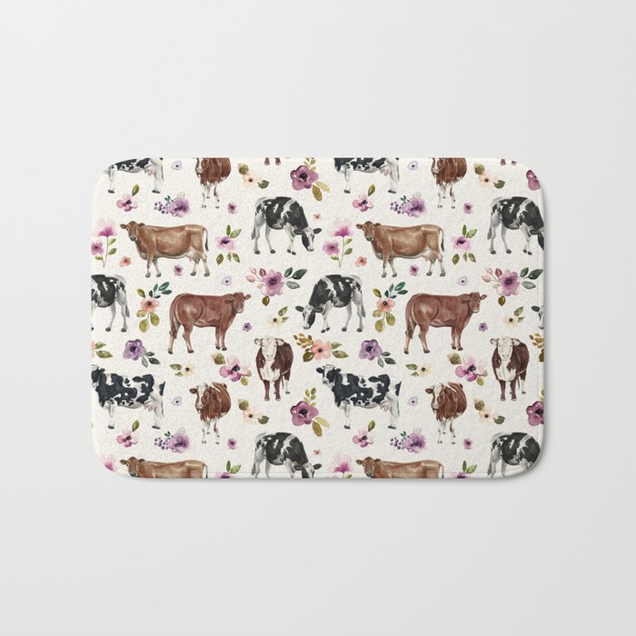 Boho Floral Cow Print with Purple flowers on Cream Bath Mat Gallery Image 1