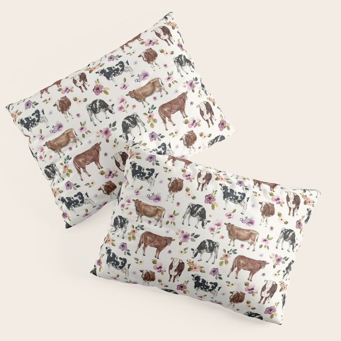 Boho Floral Cow Print with Purple flowers on Cream Pillow Sham Gallery Image 1