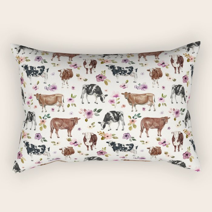 Boho Floral Cow Print with Purple flowers on Cream Rectangular Pillow Gallery Image 2