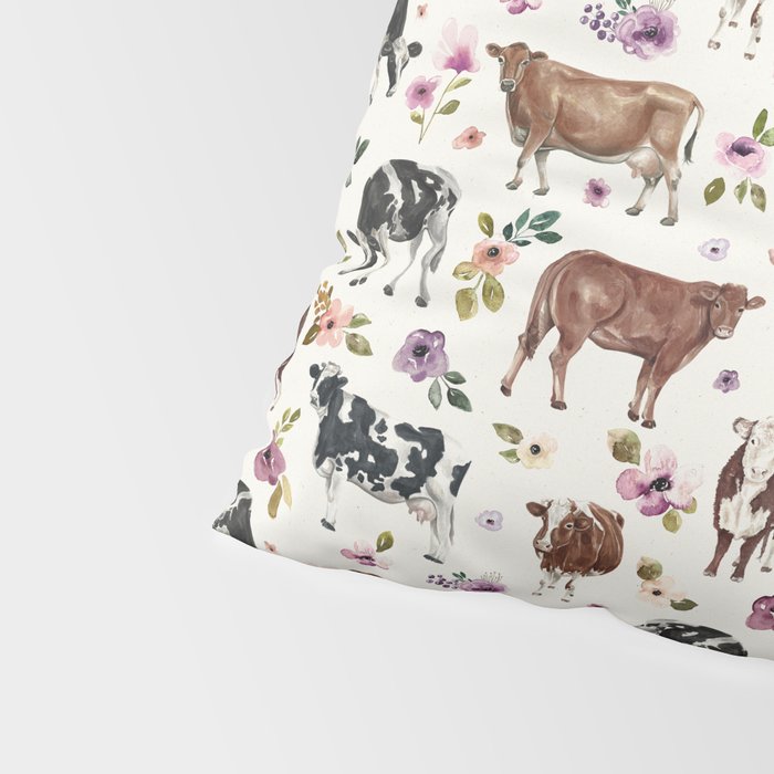 Boho Floral Cow Print with Purple flowers on Cream Pillow Sham Gallery Image 4