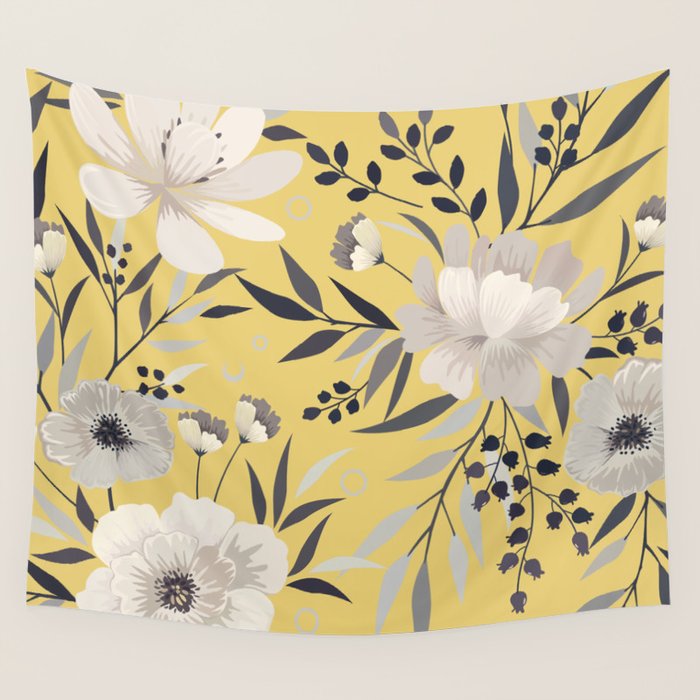 Modern, Floral Prints, Yellow and Gray Wall Tapestry Gallery Image 4