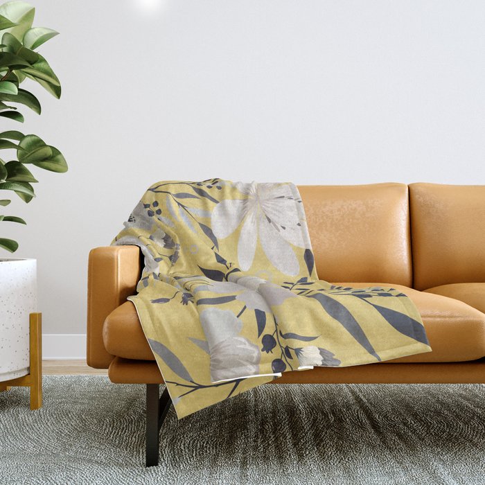 Modern, Floral Prints, Yellow and Gray Throw Blanket Gallery Image 1