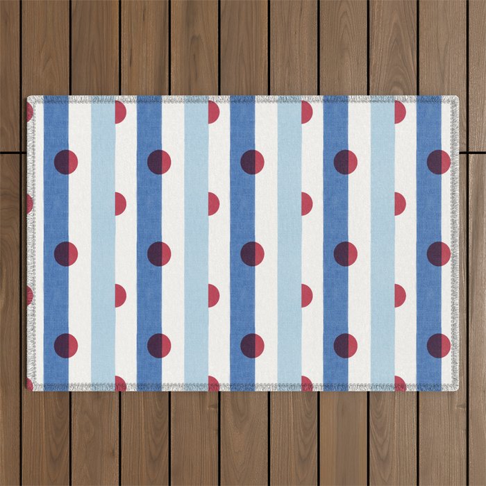 Handcrafted Blue Stripes and Red Dots Pattern Outdoor Rug Gallery Image 1
