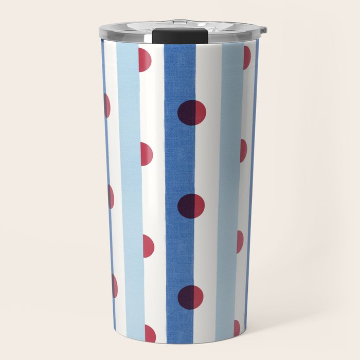 Handcrafted Blue Stripes and Red Dots Pattern Travel Mug Gallery Image 1