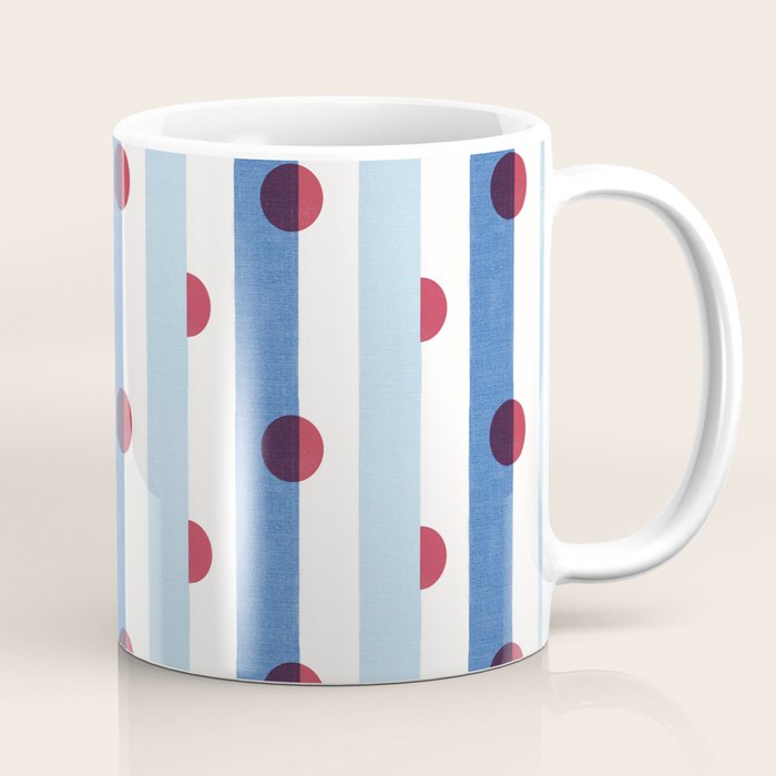 Handcrafted Blue Stripes and Red Dots Pattern Coffee Mug Gallery Image 1